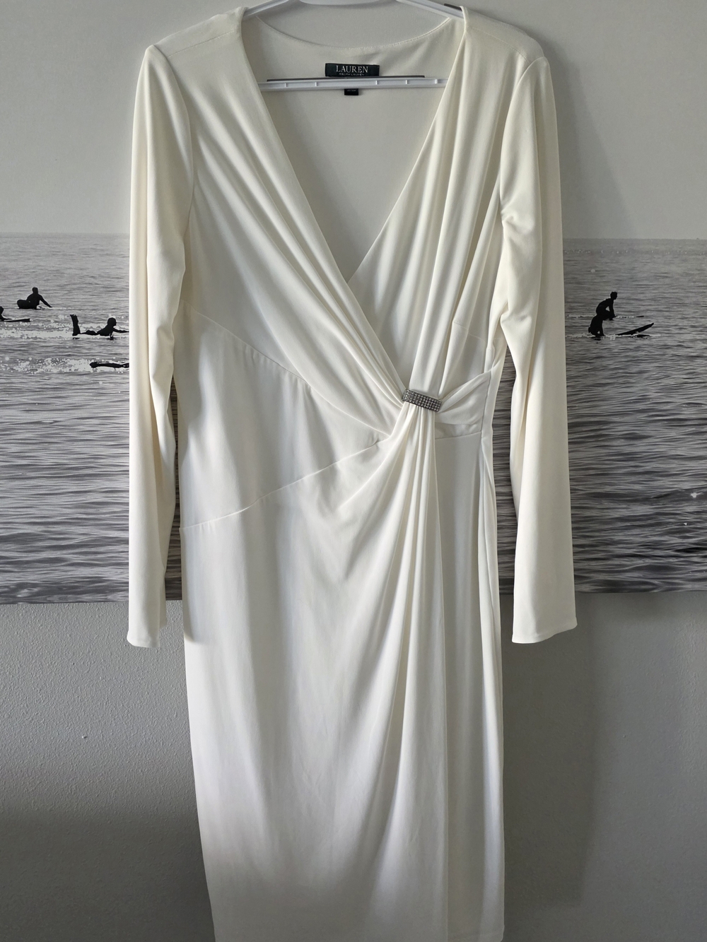 Ralph Lauren Cream Long-Sleeve Faux-Wrap Dress with Jeweled Accent